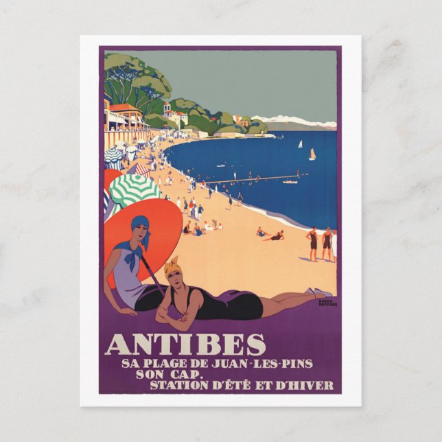 Cartão Postal Garotas na Praia de Antibes, França, Riviera Franc (Frente)
