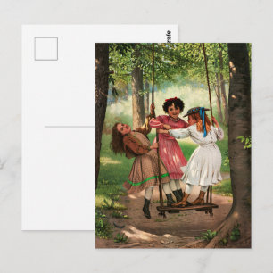 Cartão Postal Garotas Vitorianas Antigas no Balanço da Floresta 