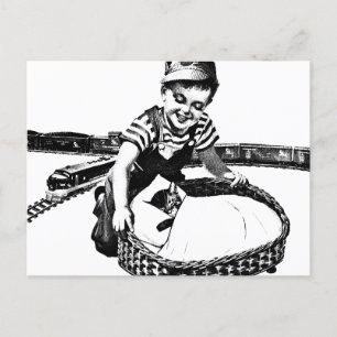 Cartão Postal Garoto Pequeno Brincando Com Trem e Gato Vintage A