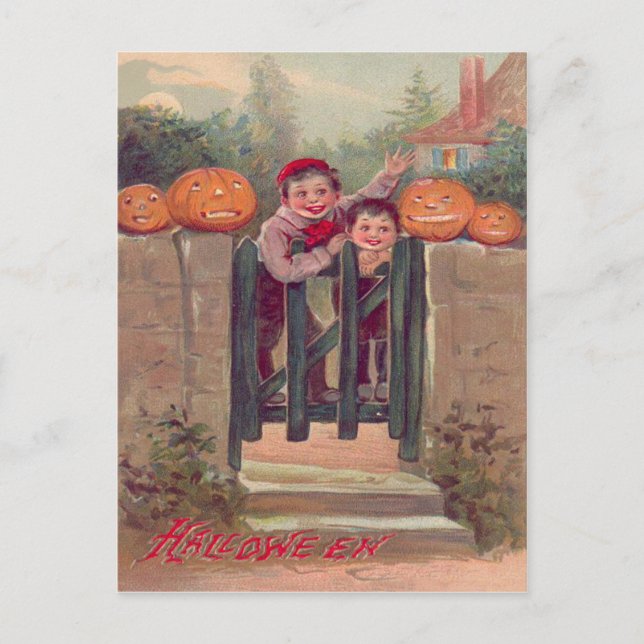 Cartão Postal Garotos Jack O Lantern Pumpkin Fence (Frente)