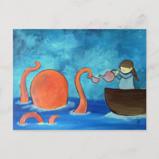 Cartão Postal Garotos Whimsic Art Girl Octopus Tea Party Cute