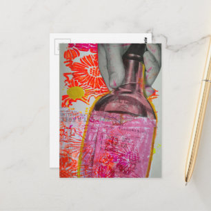 Cartão Postal Garrafa de Uísque Colagem Floral Rosa Laranja