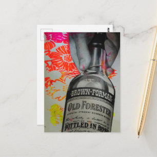 Cartão Postal Garrafa de Uísque Colagem Floral Rosa Laranja