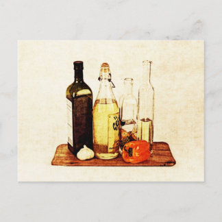 Cartão Postal Garrafas de azeite e legumes