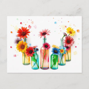 Cartão Postal Garrafas Vibrantes de Flores de Cores d'Água em Br