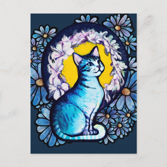 Cartão Postal Gata Azul Kitty Halo Mucho Estilo Floral (Frente)