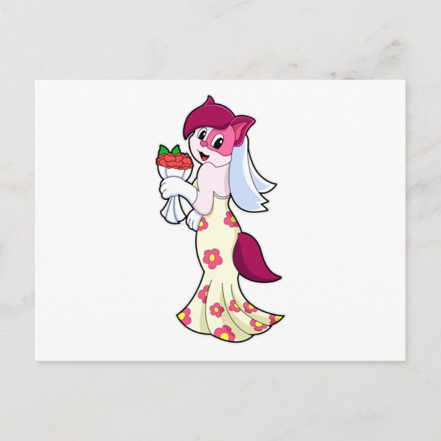 Cartão Postal Gata com vestido de noiva & Buquê de flores (Frente)