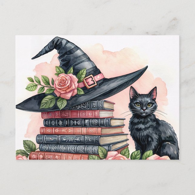 Cartão Postal Gata Preta com Chapéu de Bruxa e Livros (Frente)