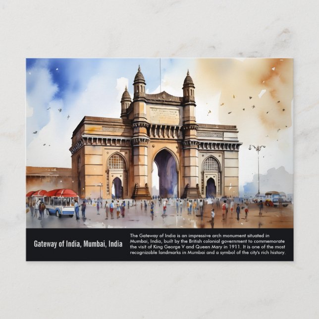Cartão Postal Gateway of India Mumbai Watercolor Painting (Frente)
