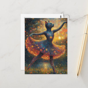 Cartão Postal Gatinha Bailarina Adorável em um Campo de Vagalume