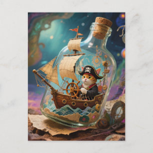 Cartão Postal Gatinha Pirata em uma Garrafa