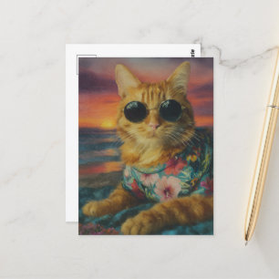 Cartão Postal Gatinha Ruiva de Óculos de Sol na Praia
