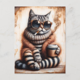 Cartão Postal Gatinho adorável com café
