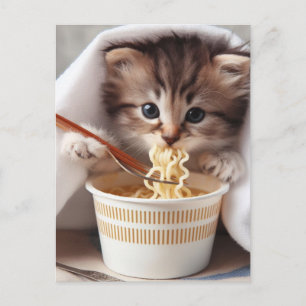 Cartão Postal Gatinho Adorável Comendo Macarrão Ramen