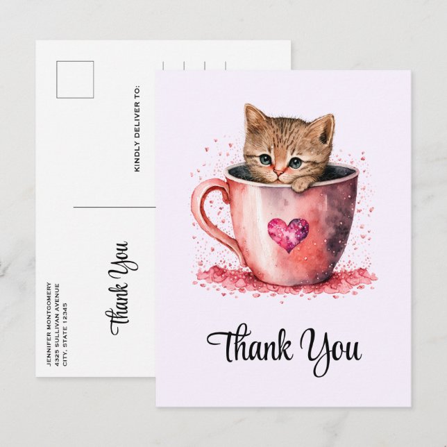 Cartão Postal Gatinho bonitinho num Teacup com Corações Obrigado (Frente/Verso)