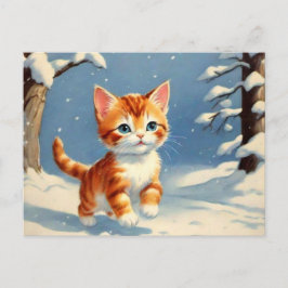 Cartão Postal Gatinho Bonito de Estilo Retroativo na Neve