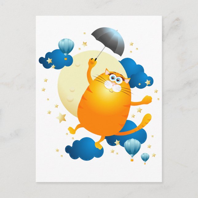 Cartão Postal Gatinho bonito voando com guarda-chuva (Frente)