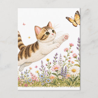 Cartão Postal Gatinho Bordado Perseguindo Borboleta em Flor Silv