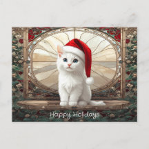 Gatinho Branco com Chapéu de Papai Noel