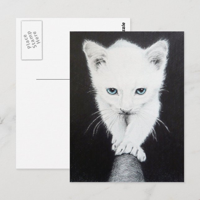Cartão Postal Gatinho branco e bonito Desenho de animais Amantes (Frente/Verso)