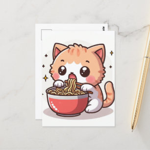 Cartão Postal Gatinho Branco e Laranja Comendo Ramen