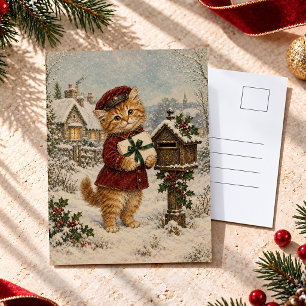Cartão Postal Gatinho Carteiro de Natal Antigo na Neve