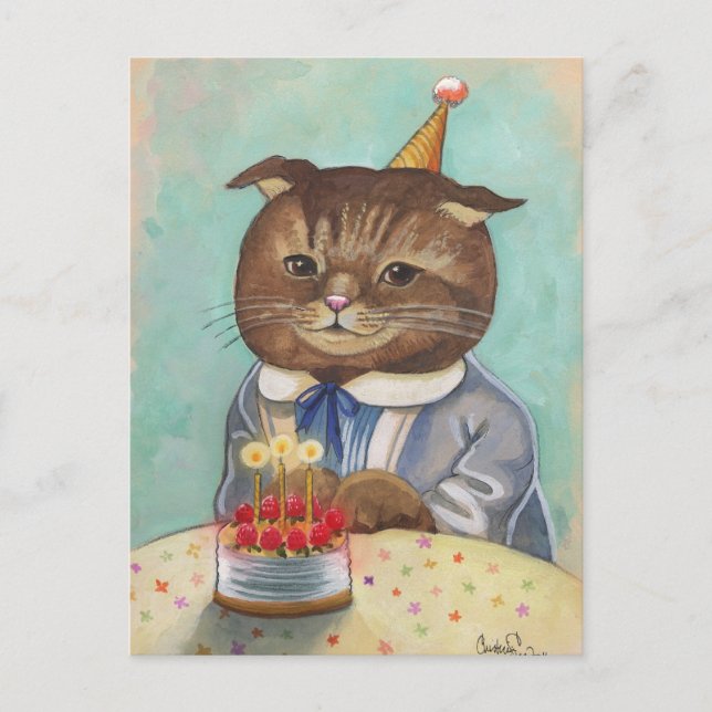 Cartão Postal Gatinho de aniversário do Bolo de Morango (Frente)