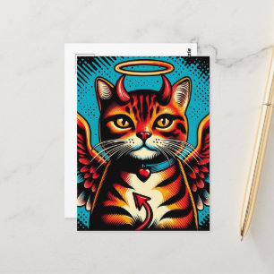 Cartão Postal Gatinho de Anjo do Diabo Bonito com Estilo de Hist