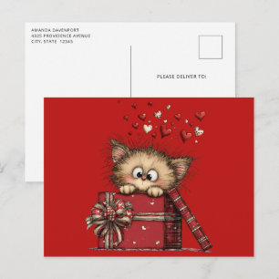 Cartão Postal Gatinho de Desenho Animado Fofo com Corações