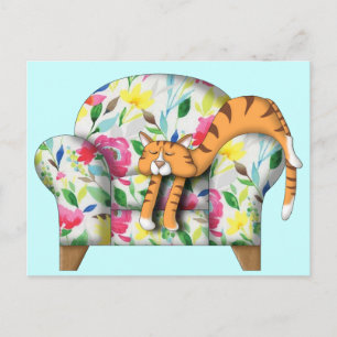 Cartão Postal Gatinho de desenho dormindo em uma cadeira floral