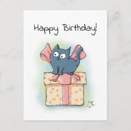 Cartão Postal Gatinho de Desenho Fofo em Caixa de Presente Feliz