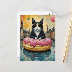 Cartão Postal Gatinho de Férias em uma Rosquinha Flutuante