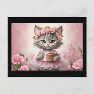 Cartão Postal Gatinho de Flores Rosa em Vestido