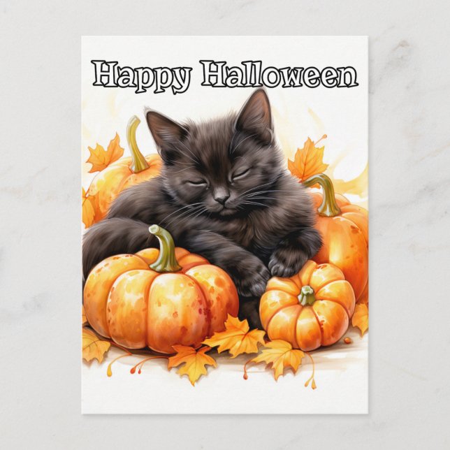 Cartão Postal Gatinho-de-Halloween Preto, Bonito E Sonolento (Frente)