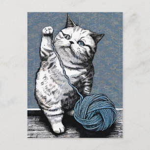 Cartão Postal Gatinho de Linóleo Brincando com um Novelo de Linh
