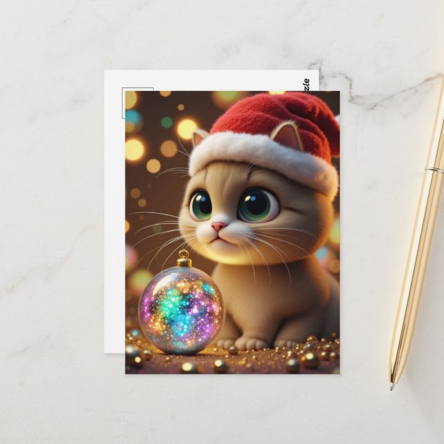 Cartão Postal Gatinho de Natal Adorável (Frente/Verso In Situ)