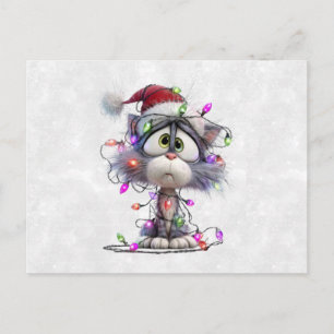 Cartão Postal Gatinho de Natal emaranhado em Luzes