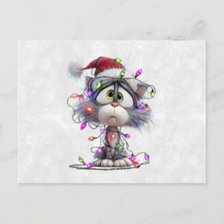 Cartão Postal Gatinho de Natal emaranhado em Luzes