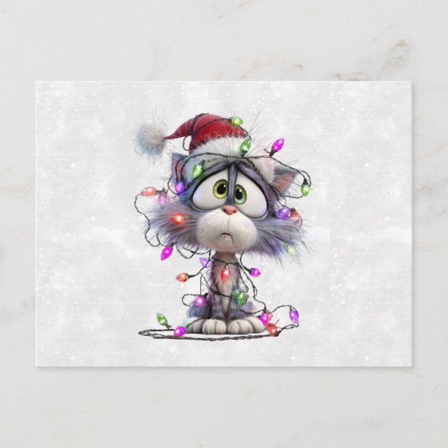 Cartão Postal Gatinho de Natal emaranhado em Luzes (Frente)