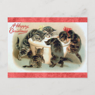 Cartão Postal Gatinho de Natal Vintage Fofo Gato