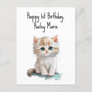 Cartão Postal Gatinho de primeiro aniversário personalizado com 