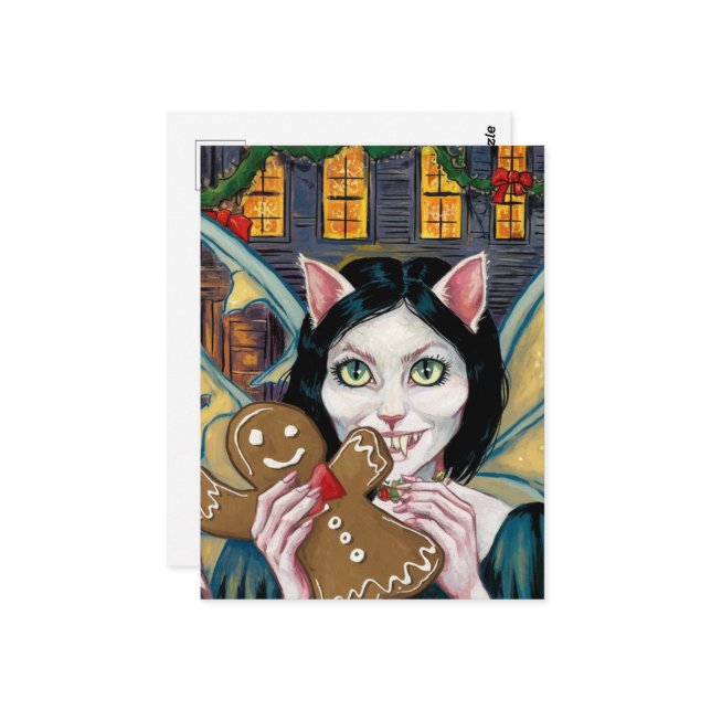 Cartão Postal Gatinho De Vampiro De Natal Com Biscoito De Ginger (Frente/Verso In Situ)