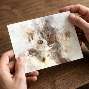 Cartão Postal Gatinho Divertido em Aquarela com Olhos Amarelos B