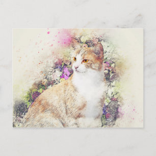 Cartão Postal Gatinho do Jardim Flor ABSTRATO Watercolor
