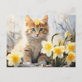 Cartão Postal Gatinho em Aquarela e Narcisos 