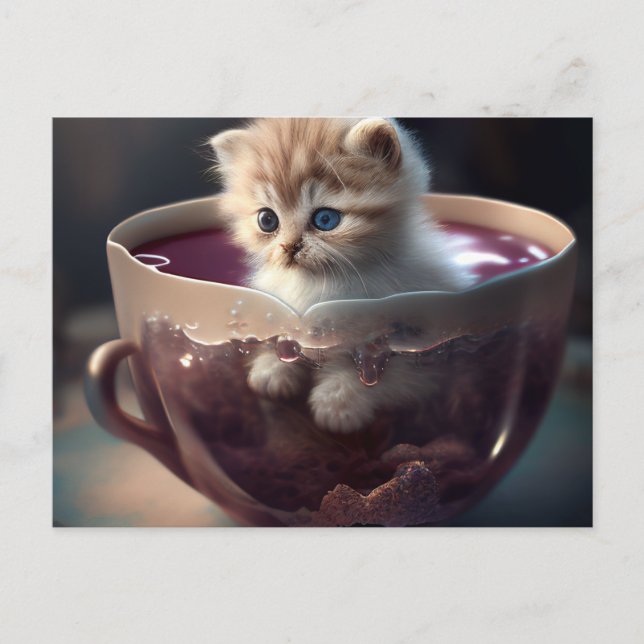 Cartão Postal Gatinho em um teacup vermelho - Cartão-postal Cat (Frente)