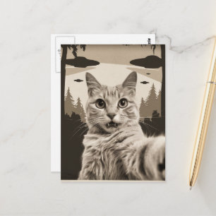 Cartão Postal Gatinho engraçado sépia e OVNIs