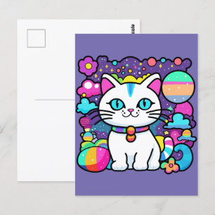 Cartão Postal Gatinho Espacial Branco Fofo