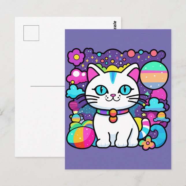 Cartão Postal Gatinho Espacial Branco Fofo (Frente/Verso)
