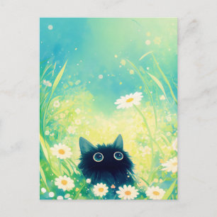 Cartão Postal Gatinho Espiando Através de Prado de Verão com Mar